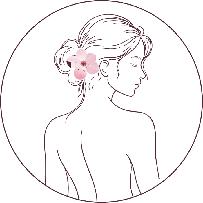 Linienzeichnung einer Frau mit Kirschblüte im Haar