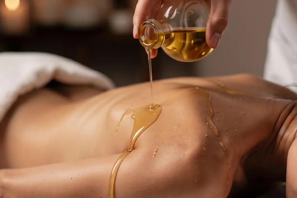 Warmes Massageöl wird auf den Rücken gegeben